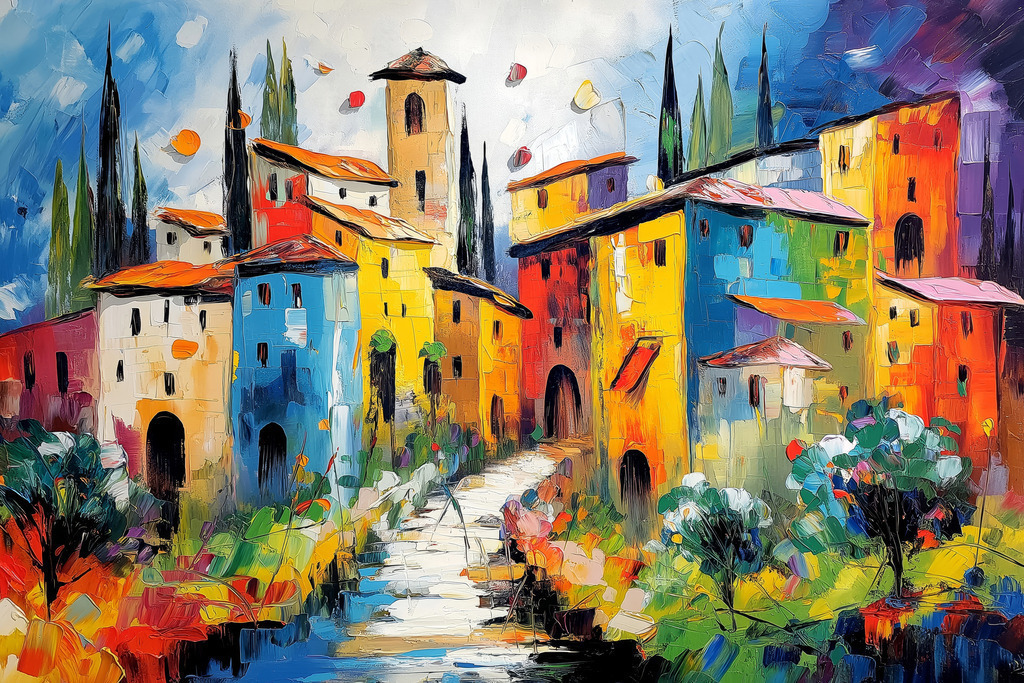 2511008 - Farbenfrohe Toskana | Toskana Gemälde als hochwertiger Kunstdruck auf Leinwand, Alu-Dibond oder hinter Acrylglas.