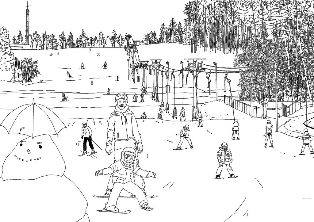 Schneevergnuegen | Illustration von Familien die in Brilon auf dem Poppenberg Wintersport machen. Eine Skiliftanlage bringt Skifahrer und Snowboardfahrer den verschneiten Berg hinauf. Außenlinien zum Ausmalen.