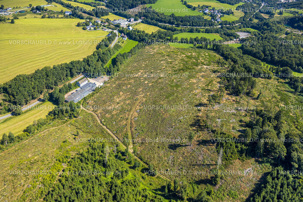 Meinerzhagen250809831 | Luftbild, Wald mit Waldschäden an der Straße Krummenerl im Tal, Gewerbebetrieb, Eseloh, Meinerzhagen, Sauerland, Nordrhein-Westfalen, Deutschland