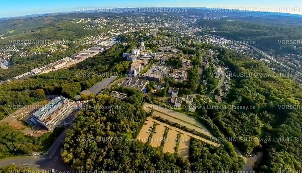 Siegen230990414Universitaet | Luftbild, Universität Siegen, Erdkugel, Fisheye Aufnahme, Fischaugen Aufnahme, 360 Grad Aufnahme, tiny world, Weidenau-Haardter Berg, Siegen, Sauerland, Nordrhein-Westfalen, Deutschland