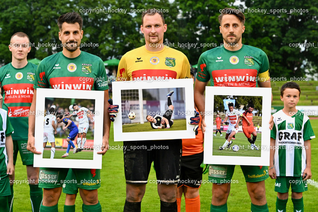 SV Rapid Lienz vs. URC Thal Assling | Spieler Ehrung SV Rapid Lienz, #2 Patrick Eder Rapid Lienz, #1 Julian Weiskopf Rapid Lienz, #5 Manuel Eder Rapid Lienz, SV Rapid Lienz vs. URC Thal Assling, SV Rapid Lienz vs. URC Thal Assling am 08.06.2024 in Lienz (Dolomiten Satadion), Austria, (Photo by Bernd Stefan)