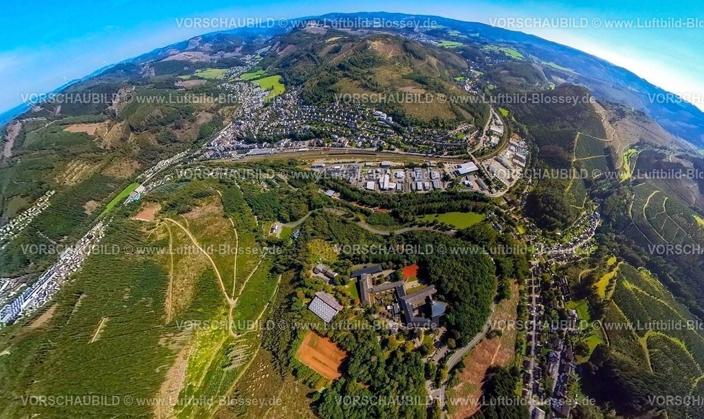 Lennestadt230990353AltenhundemJugendhofPallotti | Luftbild, Ortsansicht Ortsteil Altenhundem mit Bahnhof, Gewerbegebiet Straße Bahnbetriebswerk, Jugendhof Pallotti im Waldgebiet, Erdkugel, Fisheye Aufnahme, Fischaugen Aufnahme, 360 Grad Aufnahme, tiny world, Altenhundem, Lennestadt, Sauerland, Nordrhein-Westfalen, Deutschland