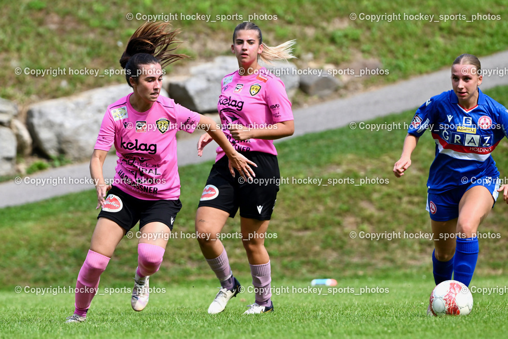 Carinthians Hornets vs. GAK 1902 Frauen | #13 Marie Lessacher Carinthians Hornets, #9 Alicia Morgenstern Carinthians Hornets, #10 Nadine Kügerl GAK, Carinthians Hornets vs. GAK 1902 Frauen, Carinthians Hornets vs. GAK 1902 Frauen am 01.09.2024 in Sachsenburg (Sportplatz Sachsenburg), Austria, (Photo by Bernd Stefan)