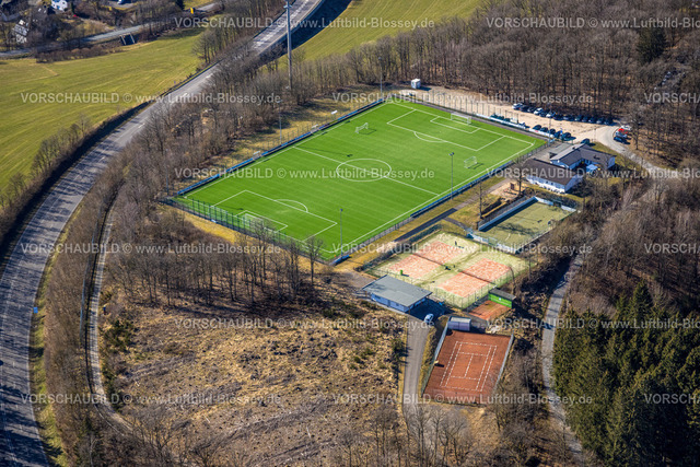 Olpe250308191Rhode | Luftbild, Fußballstadion TuS Rhode e.V. und Tennisplätze TC Rhode, Rhode, Olpe, Sauerland, Nordrhein-Westfalen, Deutschland