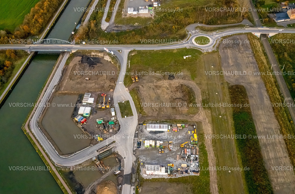 Bergkamen231103473 | Luftbild, Detailaufnahme der Wasserstadt Aden, am Datteln-Hamm-Kanal, Baugebiet für geplantes Stadtquartier auf dem Gelände der ehemaligen Zeche Haus Aden, Kreisverkehr, Oberaden, Bergkamen, Ruhrgebiet, Nordrhein-Westfalen, Deutschland