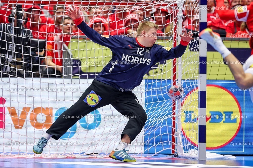 EHF24012602072 | 24.01.2026, Handball, Men's EHF EURO 2026, Dänemark -Spanien, Jyske Bank Boxen in Herning, Dänemark, Main Round:  Emil Nielsen (Denmark #12) in Aktion