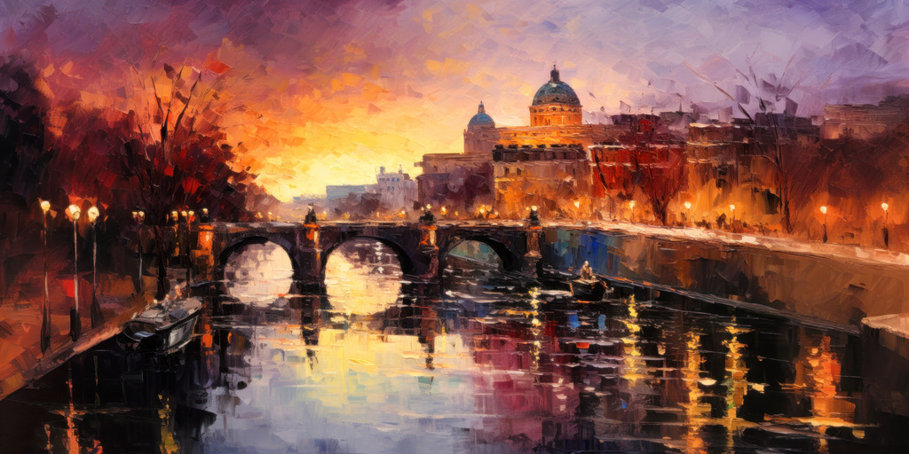 2308060 - Abendrot in Rom | Blick über den Tiber auf den Petersdom in Rom, ein abstraktes Wandbild, dass wie ein Gemälde wirkt.