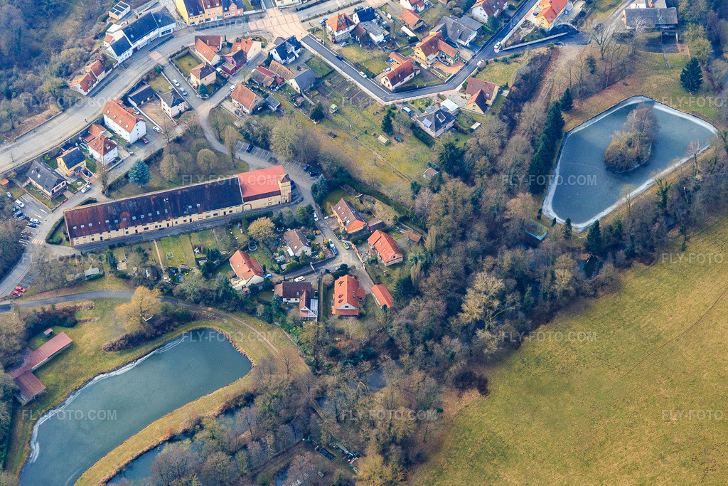 Aerial view: Frozen ponds on the new Lauter in Lauterbourg in the state Bas-Rhin, France. – Photo: IMG_096957.jpg taken on 02/19/2017 by Werner Riehm/FLY-FOTO.com – Resolution of the original: 4817 x 3211 px