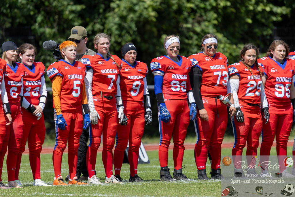 GFLW 1: German Football League Women 1: Rodgau Pioneers Ladies - Stuttgart Scorpions Sisters, 07.06.2026 | Paulina Duzak (Rodgau Pioneers Ladies #5) &amp; Katharina Richter (Rodgau Pioneers Ladies #7) &amp; Jeannine Müller (Rodgau Pioneers Ladies #9) &amp; Sabrina Kopp (Rodgau Pioneers Ladies #99) &amp; Janina Ebert (Rodgau Pioneers Ladies #73) &amp; Alena Lins (Rodgau Pioneers Ladies #29) Rodgau Pioneers Ladies - Stuttgart Scorpions Sisters, Rodgau, Maingau-Energie-Stadion "Am Weichsee", 7.6.2026 - Realisiert mit Pictrs.com