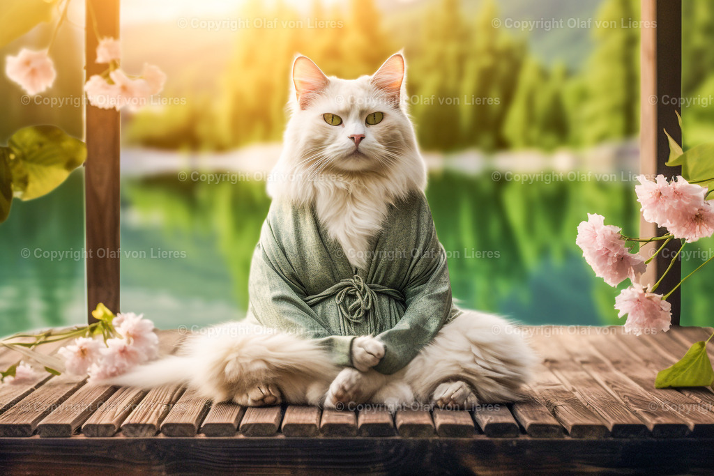 Katze als Buddha am See | Katzen bei der Meditation