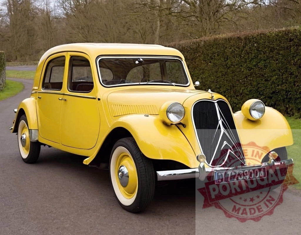 Yellow Citroen Traction Avant parked on a country road | Yellow classic French car parked outdoors, representing vintage transport and nostalgia - Realisiert mit Pictrs.com