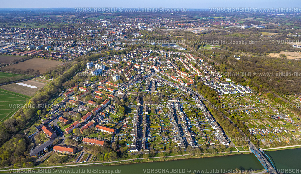 Luenen250403666 | Luftbild, Wohngebiet Ortsansicht Ortsteil Osterfeld, Bergarbeitersiedlung "Am Kanal", Lünen, Ruhrgebiet, Nordrhein-Westfalen, Deutschland
