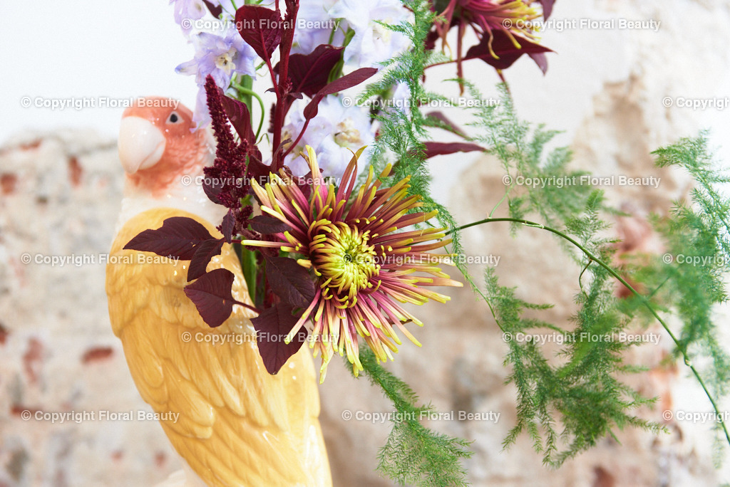 Wandbild Dahlien mit Amaranth und Rittersporn vor Mauer | Strauß aus Dahlien mit Amaranth und Rittersporn vor abgebröckeltem Putz in Papageienvase, wunderbar besonders als Druck als Wandbild oder Postkarte. - Realisiert mit Pictrs.com