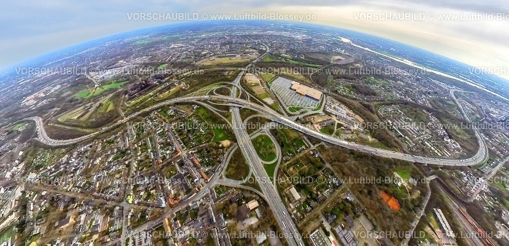 Duisburg230328_1NordMeiderich | Luftbild, Autobahnkreuz Duisburg-Nord mit Baustelle, Autobahn A42 und Autobahn A59, Ikea Möbelhaus, Erdkugel, Fisheye Aufnahme, Fischaugen Aufnahme, 360 Grad Aufnahme, Obermeiderich, Duisburg, Ruhrgebiet, Nordrhein-Westfalen, Deutschland