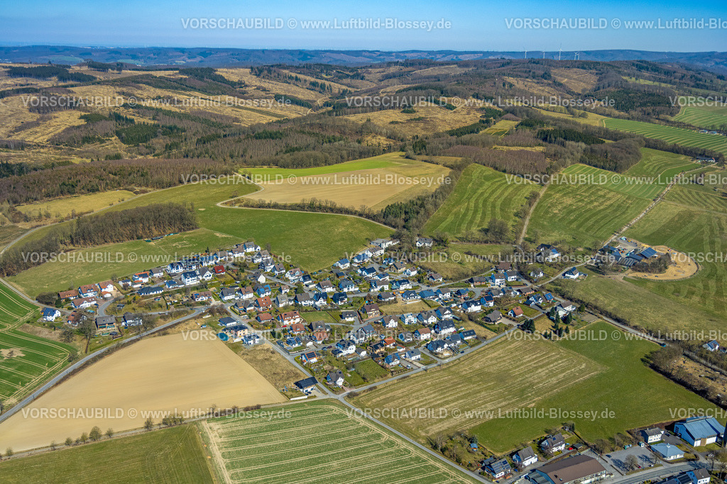 Sundern250304604 | Luftbild, Wohngebiet Ortsansicht Ortsteil  Bainghausen, umgeben von Wiesen und Feldern, Waldgebiet mit Waldschäden, rechts Hof Japes-Schulte Pferdepension, Westenfeld, Sundern, Sauerland, Nordrhein-Westfalen, Deutschland
