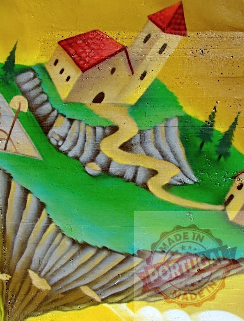 Floating island surreal landscape street art graffiti painting | Urban wall featuring a whimsical floating island with houses and trees - Realisiert mit Pictrs.com