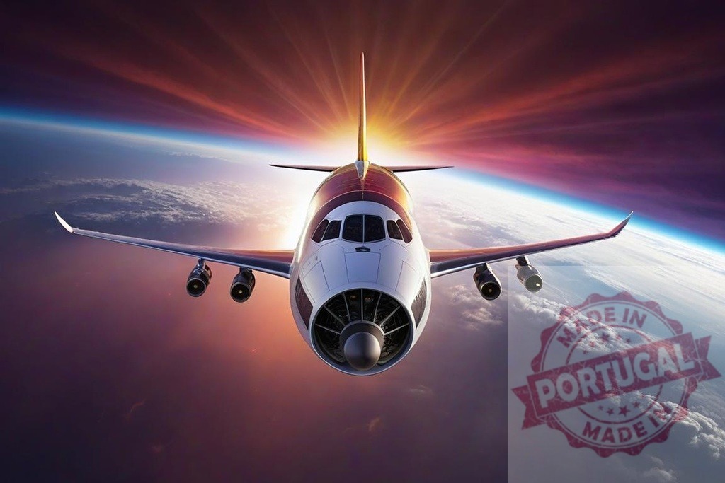 Futuristic airplane flying high above Earth at sunset | Futuristic airplane speeding through space at the edge of Earth's atmosphere during sunset - Realized with Pictrs.com