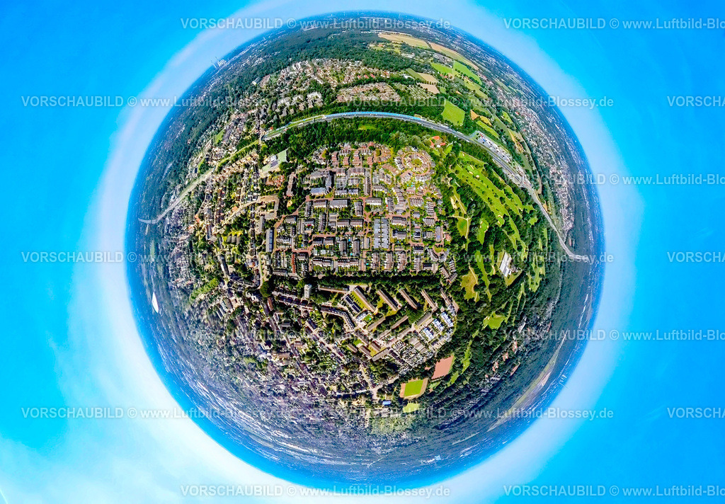 Gelsenkirchen240890572Erle_Burgmuehlenweg | Luftbild, Wohngebiet mit kreisförmiger Wohnsiedlung Bruchwiesenring und Reihenhäuser Siedlung Burgmühlenweg und An der Gräfte, Autobahn A2, Erdkugel, Fisheye Aufnahme, Fischaugen Aufnahme, 360 Grad Aufnahme, tiny world, little planet, fisheye Bild, Erle, Gelsenkirchen, Ruhrgebiet, Nordrhein-Westfalen, Deutschland