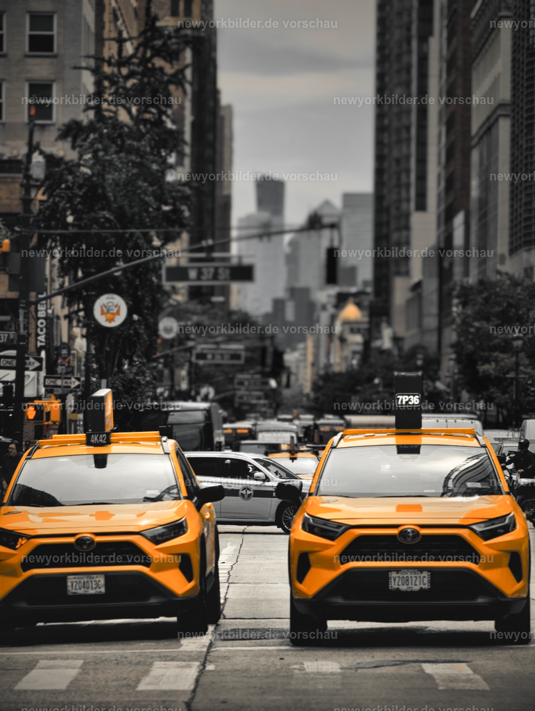 Yellow Cabs in New York City / Manhattan / Midtown | Ein typischer, aber wunderschöner Sommertag in Midtown Manhattan: Zwei Yellow Cabs dominieren die Szene, während im Hintergrund die 37. Straße West die urbane Kulisse kreuzt. Die kräftigen Gelbtöne der Taxis setzen einen markanten Akzent inmitten der Architektur und des pulsierenden Lebens der Stadt. Dieses Foto fängt die Essenz von New York ein – Bewegung, Energie und die kleinen Details, die die Metropole so einzigartig machen. Der Sommer verleiht der Szene eine besondere Leichtigkeit, die sich in den klaren Linien und dem lebendigen Farbspiel widerspiegelt.