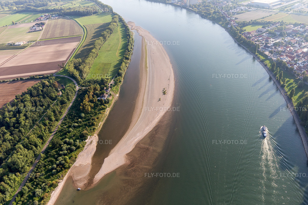 Luftbild: Sandbank im Rhein im Ortsteil Nordheim in Biblis im Bundesland Hessen in Deutschland. Foto: IMG_103129.jpg vom 29.08.2017 durch Werner Riehm/FLY-FOTO.de