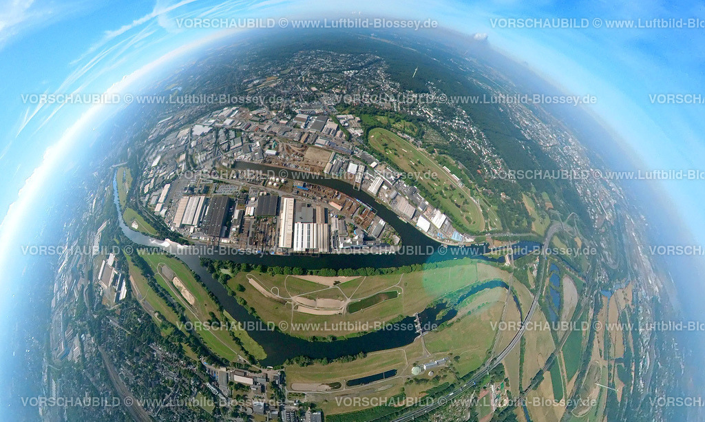 Muelheim20220712_07 | Luftbild, Rhein-Ruhr Hafen Mülheim, Ruhr, Ruhrverlauf, Wassergewinnungsflächen, Wasserwerk Mülheim, Gewerbegebiet, Speldorf, Mülheim an der Ruhr, Ruhrgebiet, Nordrhein-Westfalen, Deutschland