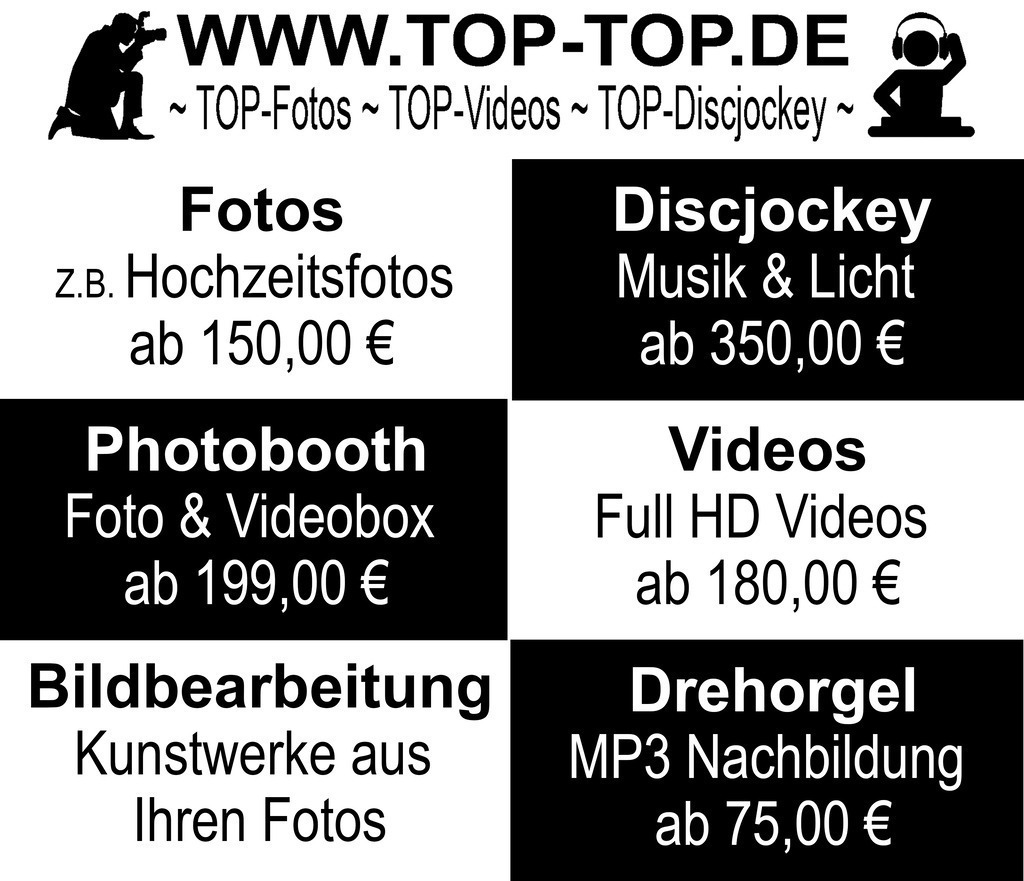 top-top.de-250627-000 | Foto, Video, Fotografie, Videografie, Fotobox, DJ, Discjockey, Musik, Musikbox, Veranstaltung, Photobooth, Amazon, Ebay, Buchtipp, Bestseller, Autor, Verlag, Buch, Wesel, Hamminkeln, NRW, Dinslaken, Rees, Drohne, Hochzeit, Party, Fotobox, Wesel, Fotograf