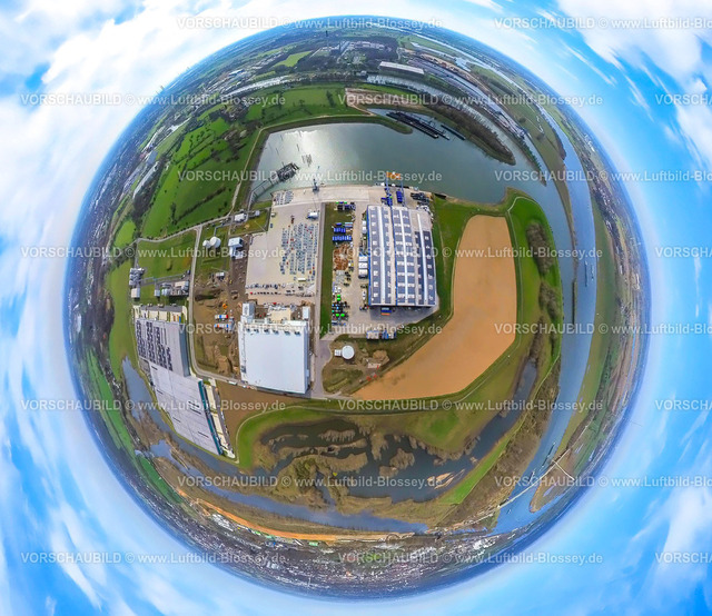Wesel240390026Rhein-Lippe-Hafen | Luftbild, Rhein-Lippe-Hafen DeltaPort Hafenverbund, Lippemündungsraum Naturschutzgebiet Lippeaue, Fluss Rhein, Erdkugel, Fisheye Aufnahme, Fischaugen Aufnahme, 360 Grad Aufnahme, tiny world, little planet, fisheye Bild, Wesel, Nordrhein-Westfalen, Deutschland