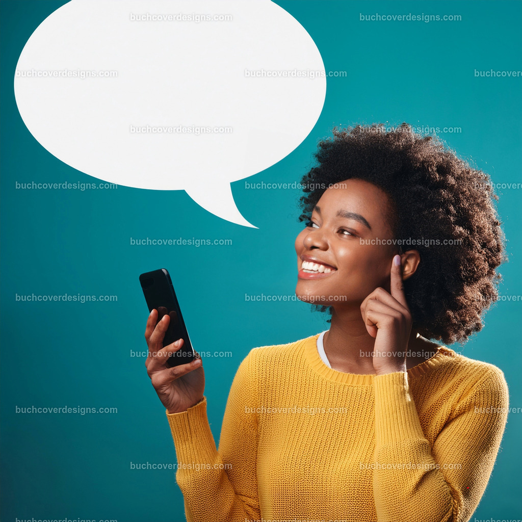 frau mit Mobile Telefon und Sprechblase (29) | Entdecken Sie kreative Buch Cover Designs für Self-Publishing-Autoren und Verlage! Unsere maßgeschneiderten Designs ziehen Leser an und bringen Ihre Geschichten visuell zum Leben. Lassen Sie uns Ihr perfektes Cover gestalten!