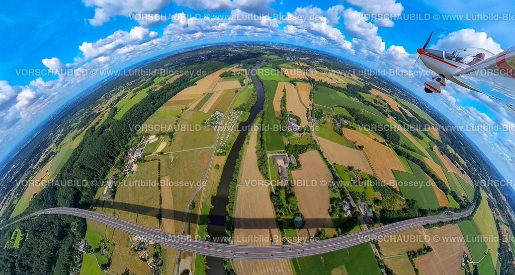 Muelheim20220806_MintarderBrueckeA52_a-2-140 | Luftbild, Mintarder Ruhrtalbrücke der Autobahn A52 über den Fluss Ruhr, Fisheye Aufnahme, Fischaugen Aufnahme, 360 Grad Aufnahme, Saarn, Mülheim an der Ruhr, Ruhrgebiet, Nordrhein-Westfalen, Deutschland