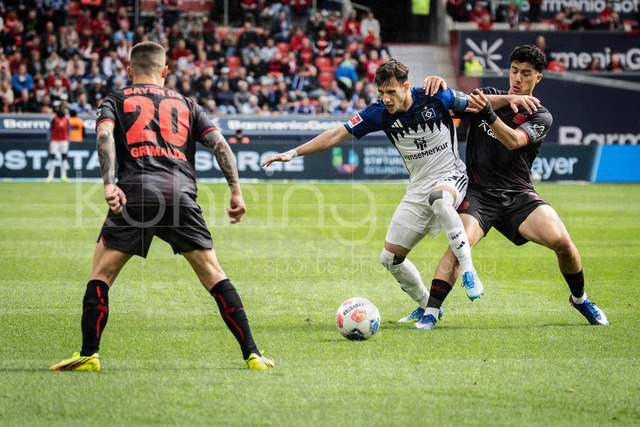 German Bundesliga, Bayer 04 Leverkusen vs. Hamburger SV, 16.05.2026 | LEVERKUSEN, GERMANY - MAY 16, 2026 :  Ibrahim Maza (Bayer 04 Leverkusen, 30) tackles Nicolas Capaldo (Hamburger SV, 24), on the left +l20 during the German Bundesliga match on gameday 34 between Bayer 04 Leverkusen vs. Hamburger SV at BayArena on May 16, 2026 in Leverkusen, Germany. DFL REGULATIONS PROHIBIT ANY USE OF PHOTOGRAPHS AS IMAGE SEQUENCES AND/OR QUASI-VIDEO.