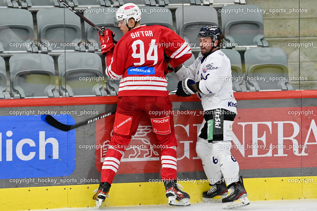 EC KAC Future Team vs. Die Adler Kitzbühl 7.10.2023 | #94 Siftar Anze, #6 Rotter Rafael EC Kitzbühel, EC KAC Future Team vs. Die Adler Kitzbühl 7.10.2023, EC KAC Future Team vs. Die Adler Kitzbühl am 07.10.2023 in Klagenfurt (Messehalle Klagenfurt), Austria, (Photo by Bernd Stefan)