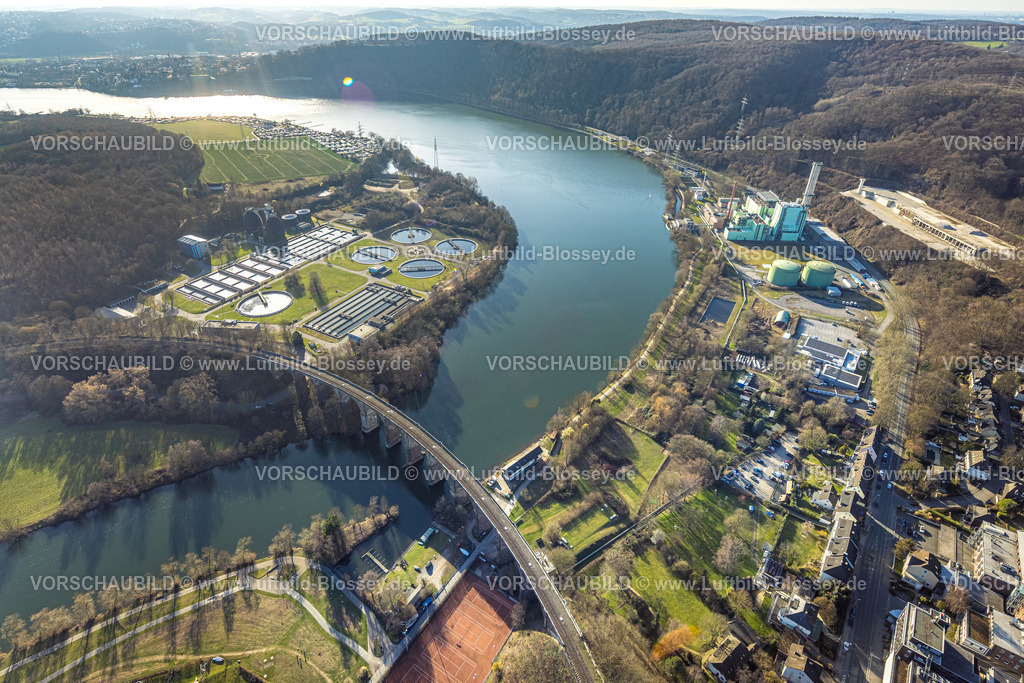 Herdecke260304366 | Luftbild, Blick über den Harkortsee nach Wetter mit Ruhrviadukt Herdecke, Ruhrverband Kläranlage Hagen, Cuno Kraftwerk mit Turm, Wald Ardeygebirge, Herdecke, Ruhrgebiet, Nordrhein-Westfalen, Deutschland