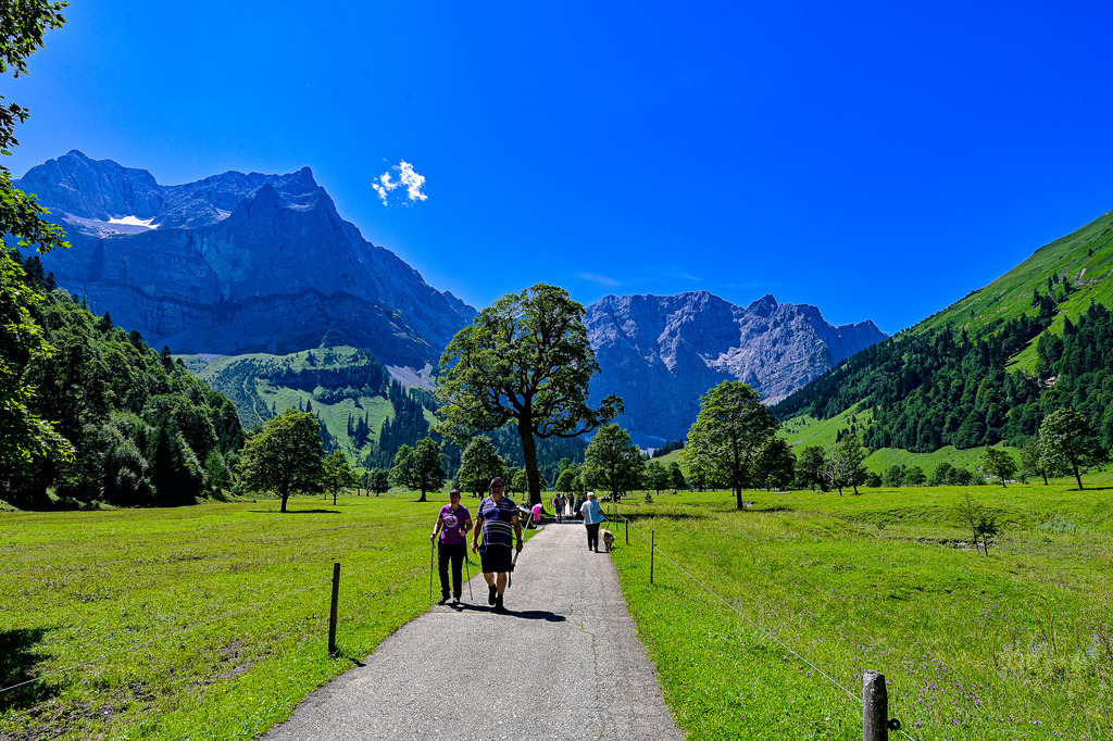 Gipfelstürmer im Paradies: Sommerglück am Ahornboden | Ein Anblick voller Weite, Freiheit und alpiner Lebensfreude: Auf einem asphaltierten Wanderweg spazieren Menschen – begleitet von einem Hund – durch die weltberühmte Kulisse des Großen Ahornbodens. Das saftige Grün der ausgedehnten Almwiesen bildet einen herrlichen Kontrast zu den majestätischen, schroffen Felswänden des Karwendelgebirges, die unter einem tiefblauen, wolkenlosen Sommerhimmel thronen. Die markanten, alten Ahornbäume säumen den Pfad wie zeitlose Wächter der Natur. Diese Aufnahme fängt die Unbeschwertheit eines perfekten Wandertages ein und weckt die Sehnsucht, die Bergwelt Schritt für Schritt gemeinsam zu entdecken. - Realisiert mit Pictrs.com