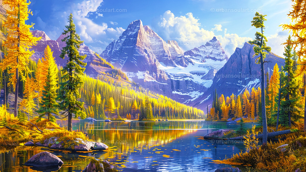Canadian Mountain Lake With Trees And Vibrant Colors | A breathtaking view of a serene lake surrounded by vibrant autumn trees and towering mountains. Perfect for adding a colorful, scenic landscape to any space. - Realisiert mit Pictrs.com