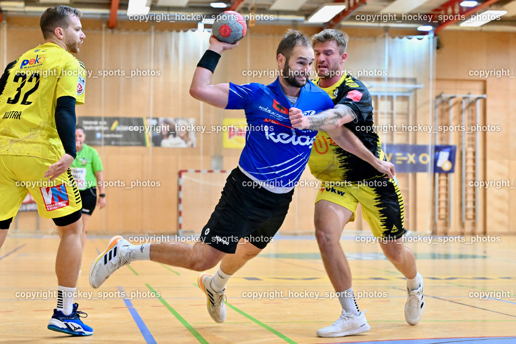 SC Ferlach vs. Bregenz Handball | #32 KOTAR Matic Bregenz Handball, #57 LEBAN Patrik SC Ferlach, #11 Brombeis Matthias Bregenz Handball, SC Ferlach vs. Bregenz Handball, SC Ferlach vs. Bregenz Handball am 28.09.2024 in Ferlach (Ballspielhalle Ferlach), Austria, (Photo by Bernd Stefan)