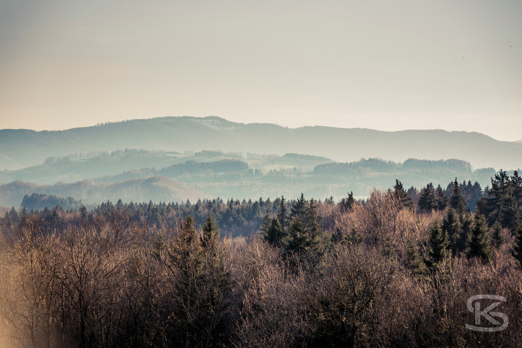 Neblige Voralpenlandschaft im Herbst - Bergpanorama Bayern | Atmosphärisches Panorama der nebelverhangenen Voralpenlandschaft im herbstlichen Licht. Sanfte Hügel, herbstliche Wälder und mystischer Dunst vereinen sich zu einer malerischen Szenerie in Süddeutschland mit Blick auf die Alpen. - Realisiert mit Pictrs.com