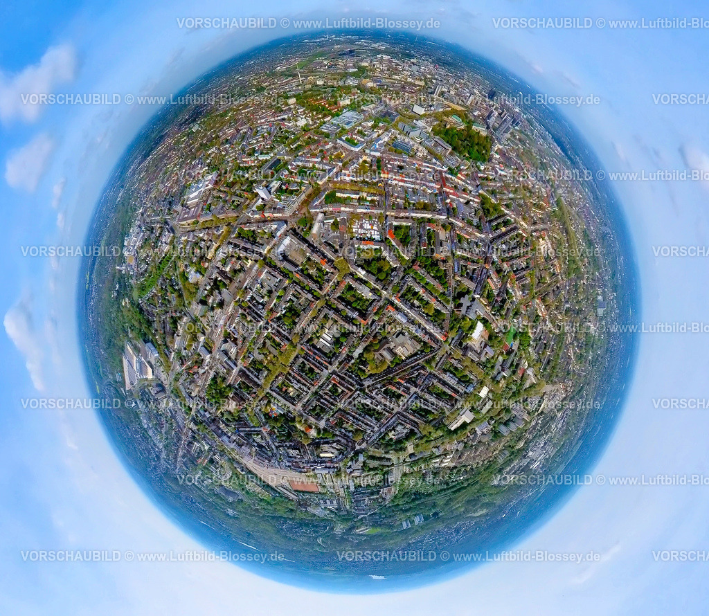 Essen240490077Ruettenscheid | Luftbild, Wohngebiet Ortsansicht Ortsteil Rüttenscheid, Erdkugel, Fisheye Aufnahme, Fischaugen Aufnahme, 360 Grad Aufnahme, tiny world, little planet, fisheye Bild, Rüttenscheid, Essen, Ruhrgebiet, Nordrhein-Westfalen, Deutschland