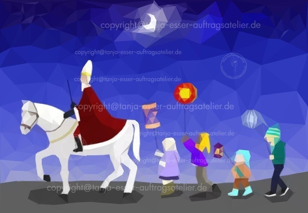 Sankt Martin in modernem Low Poly Style | Eine Gruppe von Kindern macht einen Fackelumzug zum Martinsfest. Sankt Martin mit einem großen Mantel reitet voraus. Das Bild besteht aus unzähligen Polygonen. Low Poly Art. 