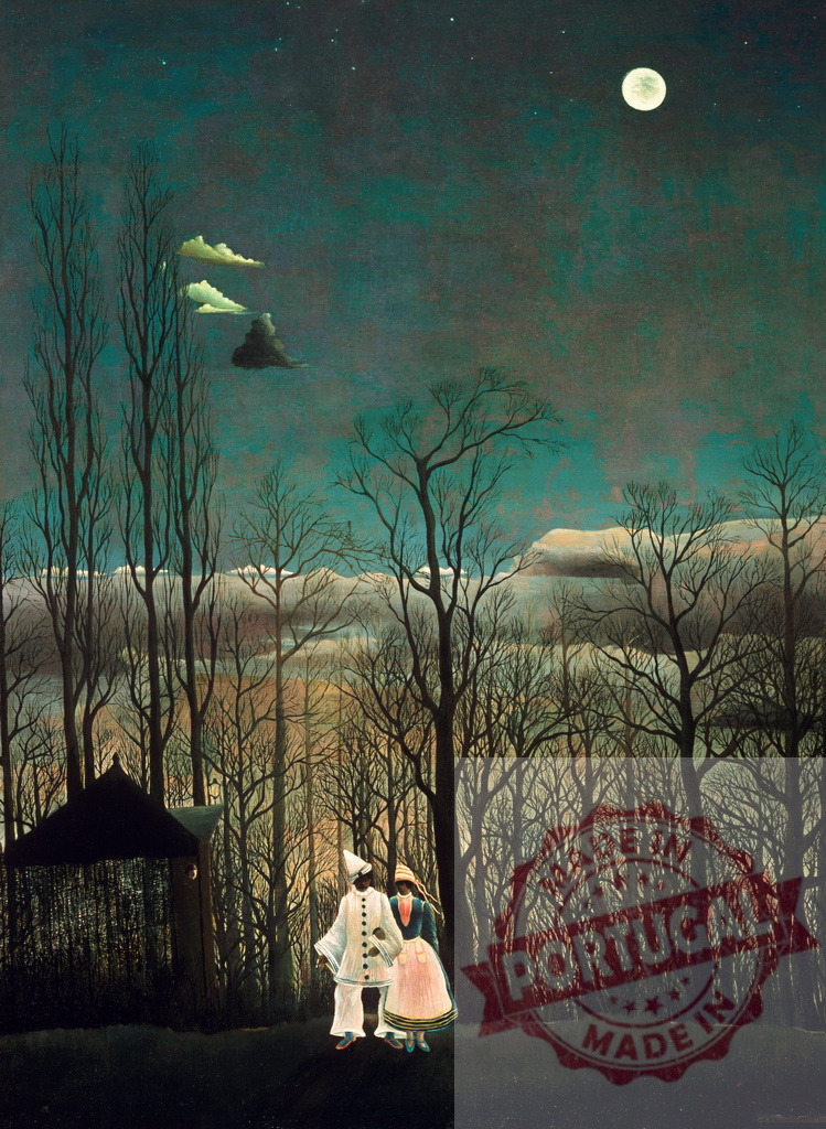 Pierrot and Columbine strolling through a moonlight forest. Henri Rousseau | Two figures in carnival costumes walking in a dark, barren forest under a full moon - Realized with Pictrs.com
