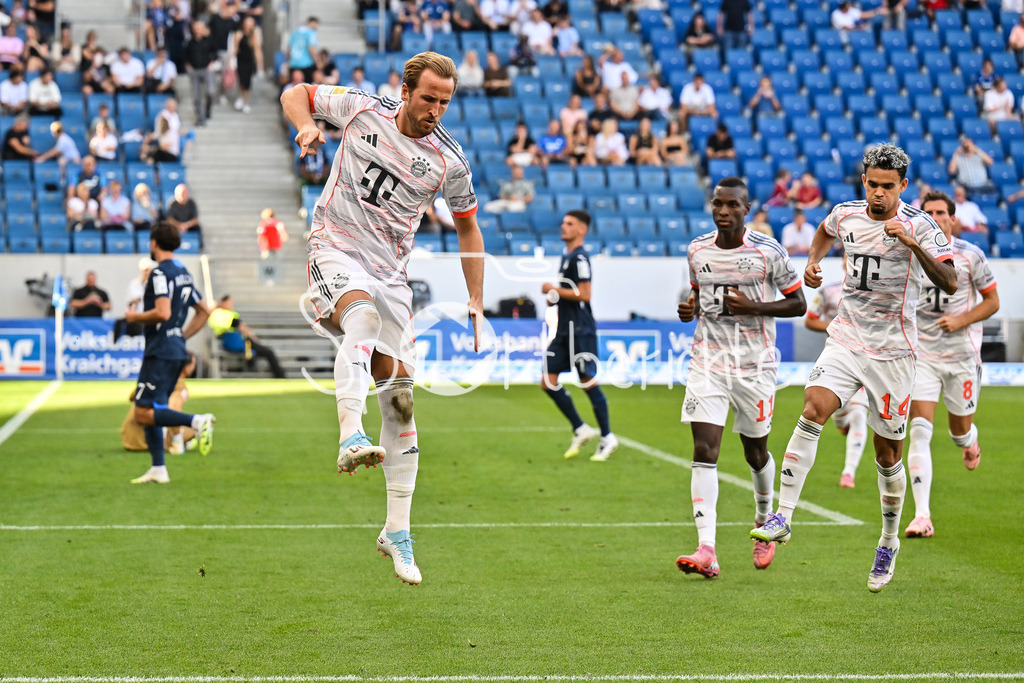 TSG 1899 Hoffenheim - FC Bayern München | Jubel der Bayern nach dem Treffer zum 0-2 durch Harry KANE (FC Bayern Muenchen 9) / Elfmeter / Tor / Torschuetze / Freude / Happy / Bundesliga: TSG 1899 Hoffenheim - FC Bayern München; PreZero-Arena am 20.09.2025 / DFL REGULATIONS PROHIBIT ANY USE OF PHOTOGRAPHS AS IMAGE SEQUENCES AND/OR QUASI-VIDEO