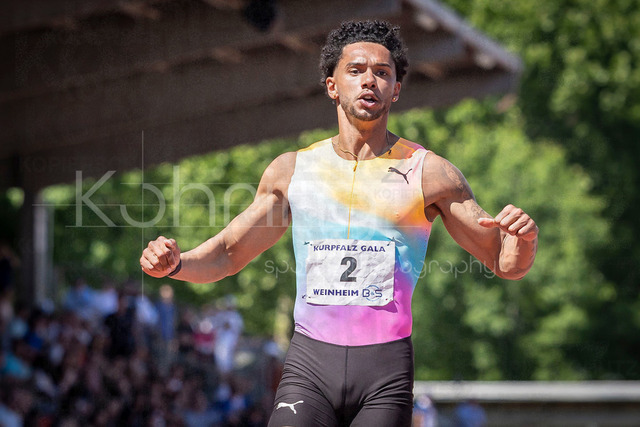 B&amp;S Kurpfalz Gala; Weinheim, 23.05.2026 | WEINHEIM, GERMANY - MAY 24: Joshua Hartmann (GER/ASV Köln e. V.) takes the win over 100m during the B&amp;S Kurpfalz Gala am 23.05.2026 at the  Sepp-Herberger-Stadium in Weinheim (Baden-Wuerttemberg / Germany).