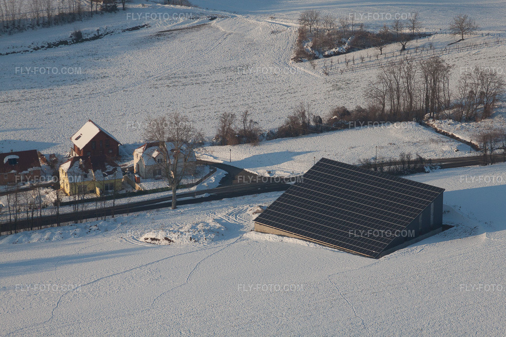Aerial view: In winter when there is snow in Neewiller-près-Lauterbourg in the state Bas-Rhin, France.Photo: IMG_36670.jpg taken on 01/05/2011 by Werner Riehm/FLY-FOTO.comResolution of the original: 4752 x 3168 px