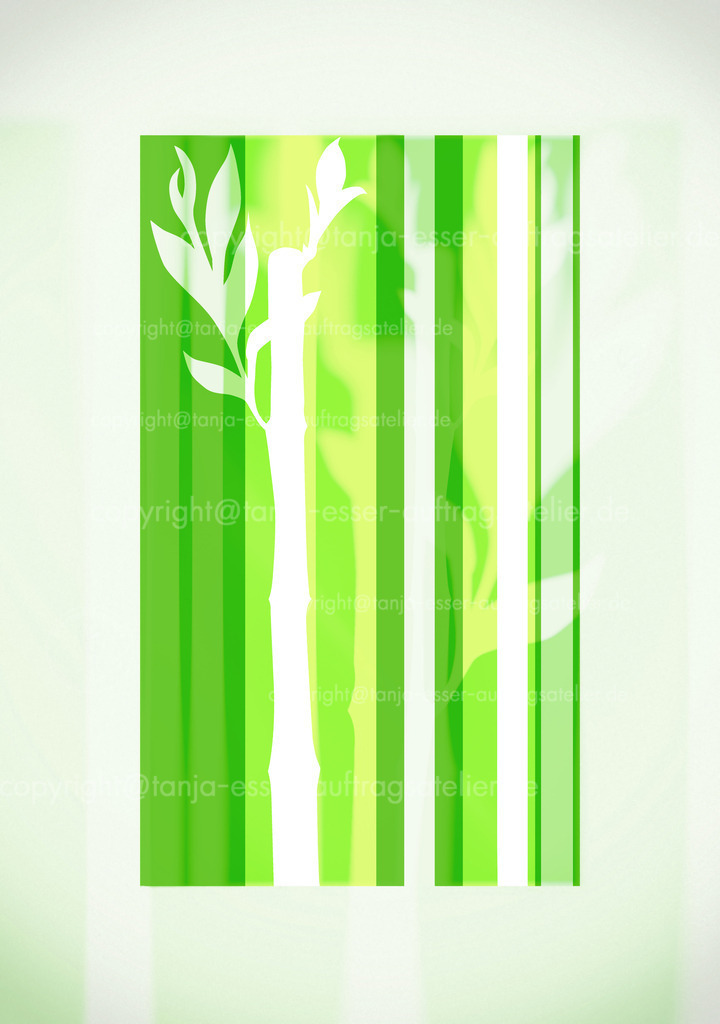 Lucky Bamboo 2 D | Abstrakte Illustration von Lucky Bamboo Dracaena sanderiana. Grüne Streifen symbolisieren den aufrechten Wuchs. Doppelbelichtung vor weißem Rahmen.