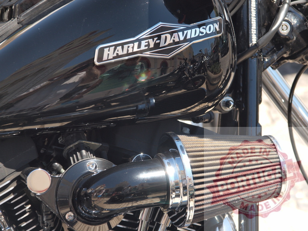 Harley-Davidson motorcycle fuel tank and air filter | Black Harley-Davidson motorcycle fuel tank showing brand logo and air filter - Realized with Pictrs.com