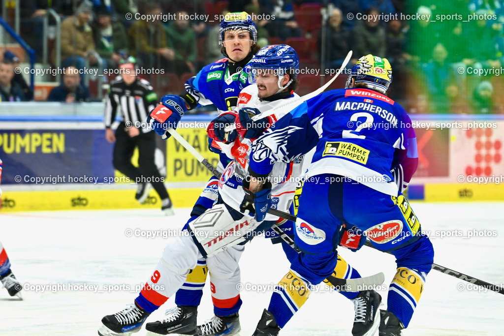 EC IDM Wärmepumpen VSV vs. HC Tiwag Innsbruck-Die Haie | #2 MACPHERSON Dylan EC VSV, #9 Valentini Ryan HC Innsbruck, #81 RICHTER Marco EC VSV, EC IDM Wärmepumpen VSV vs. HC Tiwag Innsbruck-Die Haie, EC IDM Wärmepumpen VSV vs. HC Tiwag Innsbruck Die Haie am 13.12.2024 in Villach (Stadthalle Villach), Austria, (Photo by Bernd Stefan)