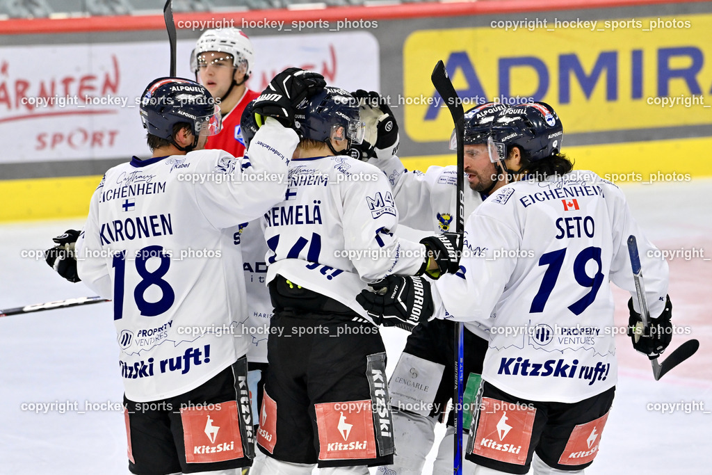 EC KAC Future Team vs. Die Adler Kitzbühl 7.10.2023 | Jubel EC Kitzbühel, #18 Kuronen Jimi EC Kitzbühel, #14 Niemelä Joonas Mikael EC Kitzbühel, #87 Urbanek Martin EC Kitzbühel, EC KAC Future Team vs. Die Adler Kitzbühl 7.10.2023, EC KAC Future Team vs. Die Adler Kitzbühl am 07.10.2023 in Klagenfurt (Messehalle Klagenfurt), Austria, (Photo by Bernd Stefan)