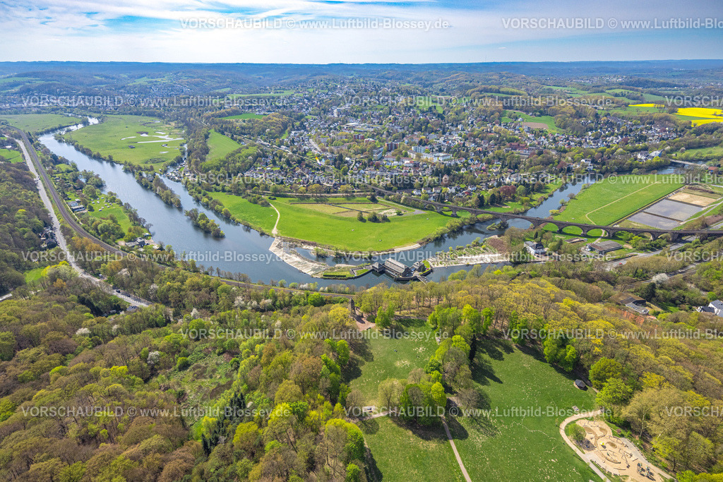 Witten260401785 | Luftbild, Fluss Ruhr und Wasserkraftwerk Hohenstein, Ruhrviadukt Witten, Campingplatz Steger und Naturschutzgebiet Ruhraue Gedern, Blick auf den Stadteil Bommern, Witten, Ruhrgebiet, Nordrhein-Westfalen, Deutschland