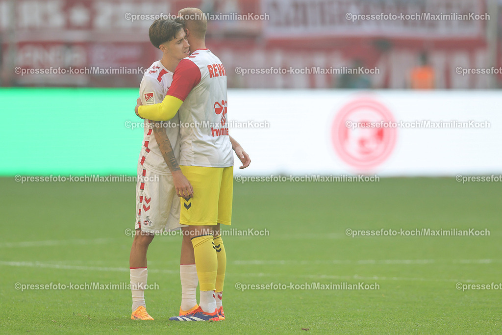 Due21092401058 | 21.09.2024, 2. Fußball Bundesliga, Fortuna Düsseldorf - 1. FC Köln, Merkur Spiel-Arena, Saison 2024 2025: Enttäuschung - Enttäuschte Gesichter beim 1.FC Köln nach dem 2:2 Unentschieden gegen Düsseldorf. Denis Huseinbasic (1.FC Köln #8)  neben Torwart Marvin Schwäbe (1.FC Köln #1) DFB regulations prohibit any use of photographs as image sequences and or quasi-video.