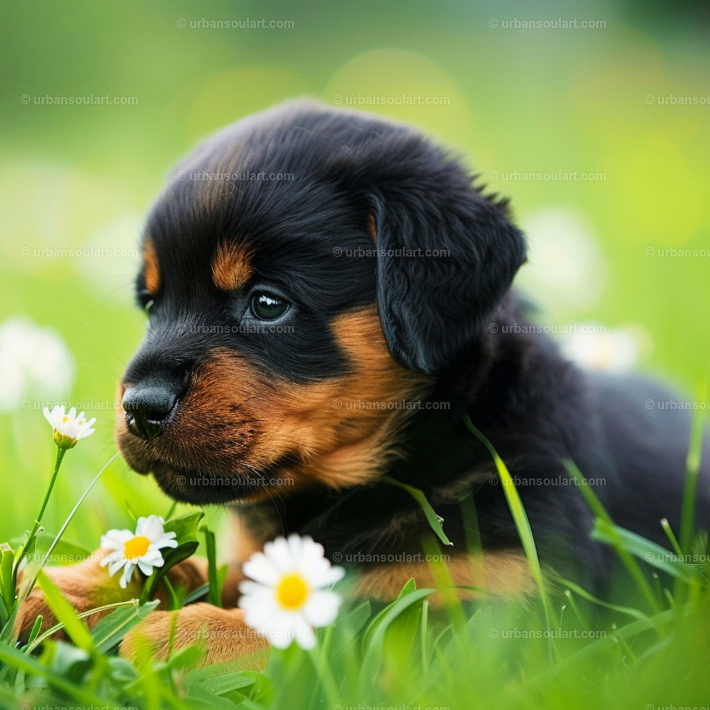 Rottweiler Puppy In The Gras | An adorable Rottweiler puppy sitting in the grass, gazing with curiosity. Perfect for Rottweiler fans and those looking to add a gentle and cute canine presence to their decor. - Realisiert mit Pictrs.com