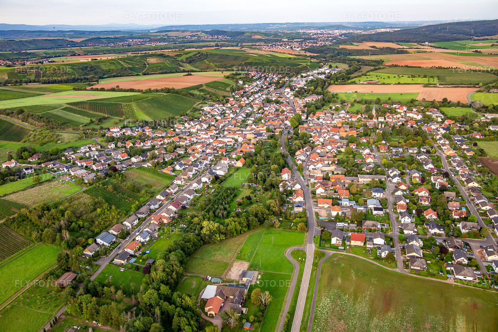 Luftbild: Ortsansicht von Westen in Weinsheim im Bundesland Rheinland-Pfalz in Deutschland. Foto: IMG_138369.jpg vom 03.09.2023 durch Werner Riehm/FLY-FOTO.de